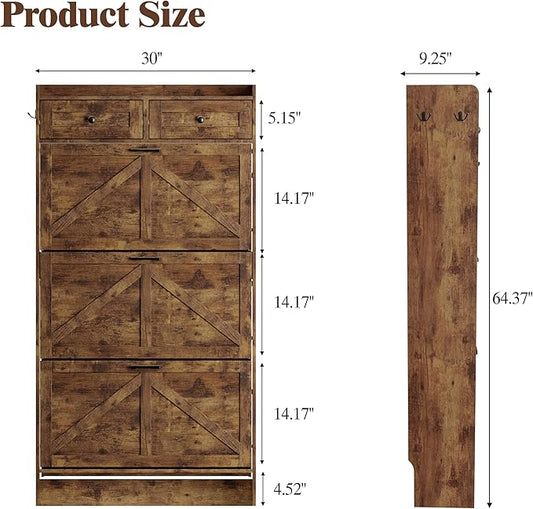 Shoe Cabinet with 3 Flip Drawers & 2 Storage Drawers, Rustic Farmhouse Narrow Shoe Organizer Cabinet, Slim Shoe Rack Cabinet, Shoe Storage Cabinet for Entryway, Hallway, Front Door