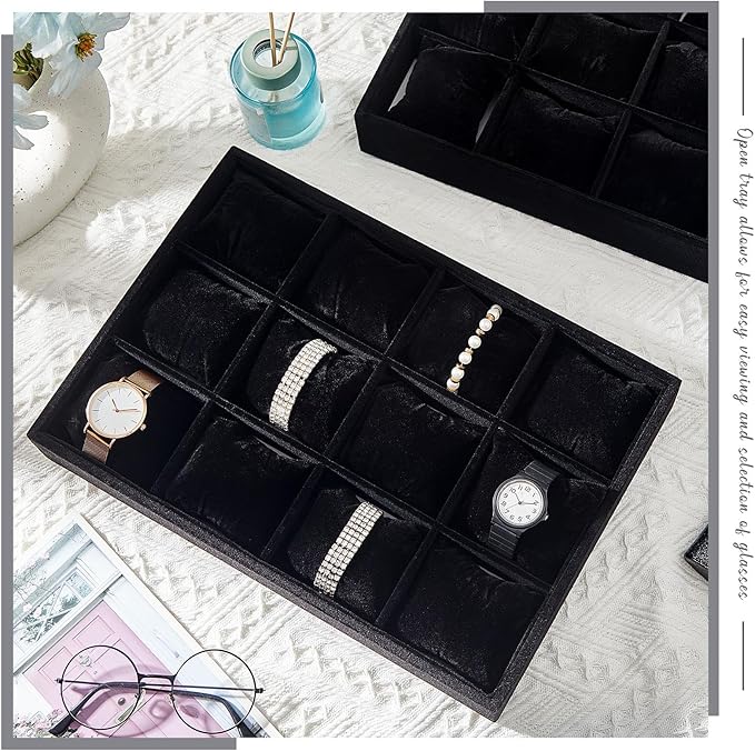 Henoyso 2 Pieces 12 Grid Velvet Watch Tray Jewelry Organizer Stackable Watch Bracelet Bangle Display Holder Adjustable Pillow(Black)