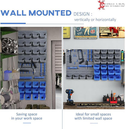 DURHAND Wall Mounted Storage Bins, 44PC Pegboard Tool Organizer Rack Kit Garage Plastic Shop Tool, Blue