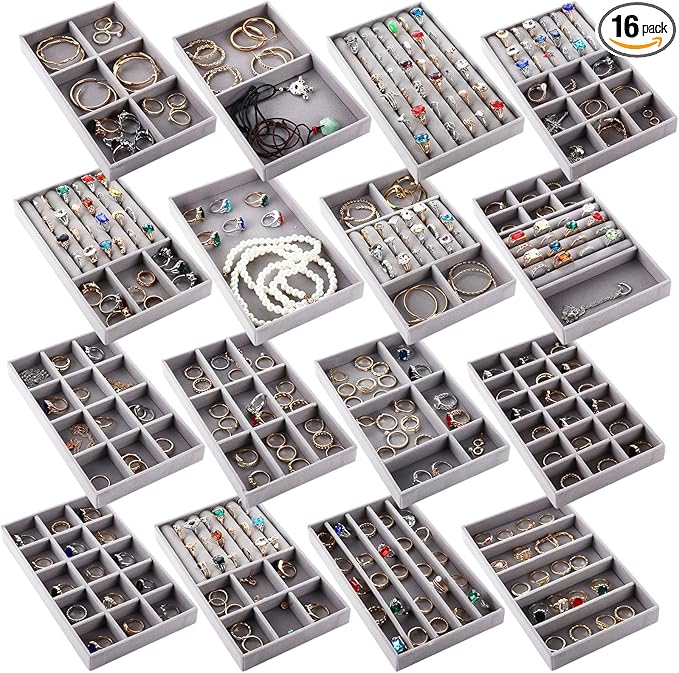 Landical 16 Pcs Stackable Jewelry Organizer for Drawer Velvet Jewelry Tray with Dividers Earring Holder & Ring Display Box Fits 8.4 x 5 x 1 Drawer Necklace Storage for Women, Girls,16 Styles (Grey)