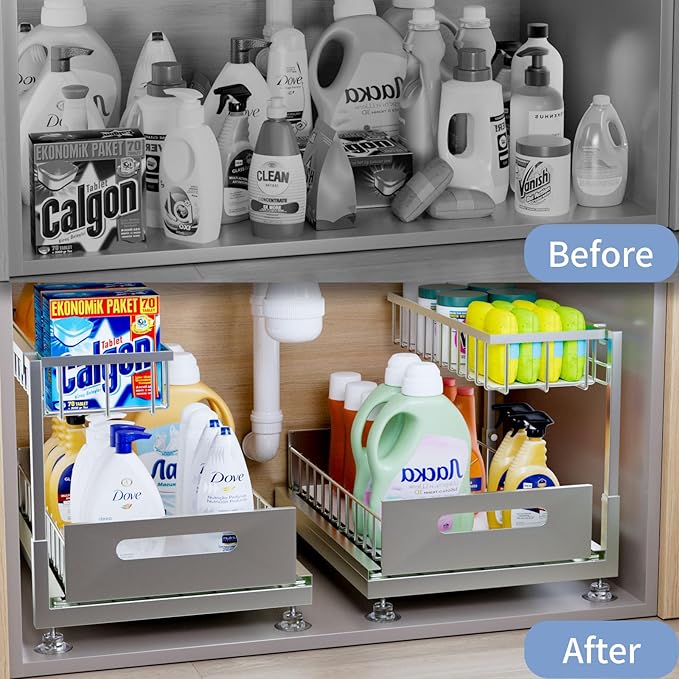 Under Sink Organizer Storage 2-Tier Premium Metal Pull-Out Racks, Height Adjustable, Heavy Dut and Easy Installation for Kitchen & Bathroom Organizers 1 Pack Grey