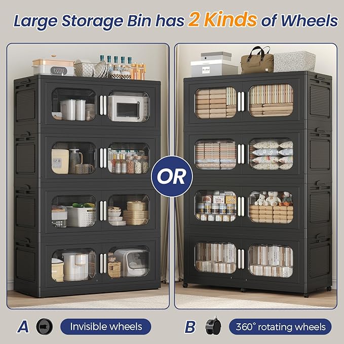 200Gal Exra Large Stackable Storage Bins with Lid, 800QT Collapsible Storage Box with 6x Wheels, Folding Plastic Cabinet Container with Door Drawer for Home Kitchen Office Dorm, 4Pack Black