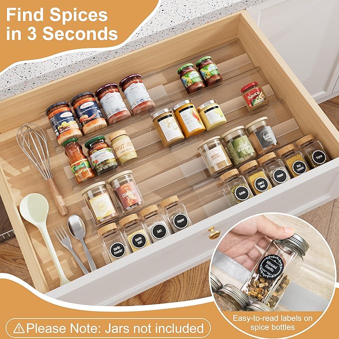 Brippo 8-Pack Spice Drawer Organizer, Expandable Acrylic Seasoning Rack (13" to 26") with Anti-Slip Mat, Kitchen Spice Rack Drawer Holds up to 56 Jars (Jars Not Included)