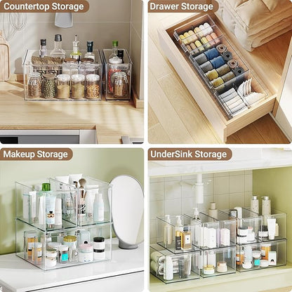 Clear Plastic Storage Bins with Dividers for Kitchen Pantry Organization, 3 Pack Thicken Stackable Storage Drawer Boxes for Refrigerator Cabinets Vanity Organizers and Storage, C6-1