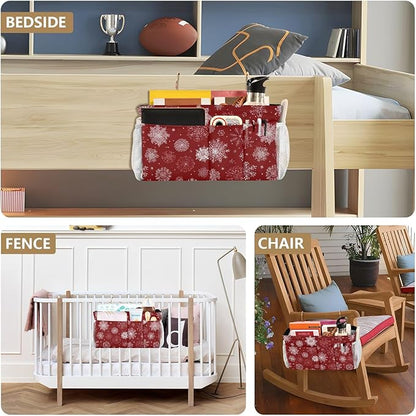 CuwrYet Bedside Caddy Hanging Bunk Bed Caddy Bed Organizer Hanging Pocket with 2 Hooks Bedside Storage Organizer Pocket Bag Holder Red Christmas Snowflakes
