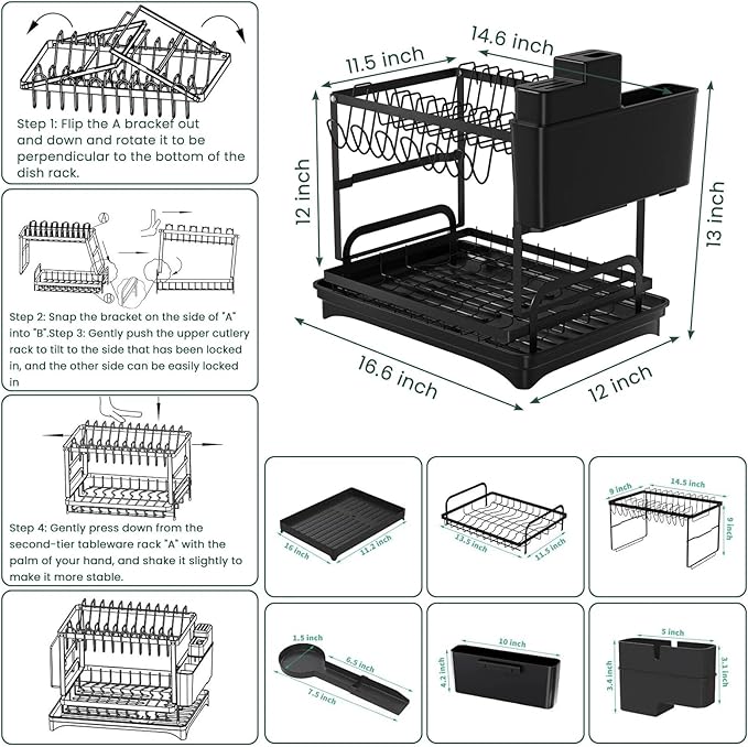 2-Tier Dish Drying Rack - Stainless Steel Dish Racks for Kitchen Counter, Space-Saving Kitchen Counter Organizer with Cutlery/Cup Holders & Draining Tray, Rustproof Multifunctional Drainer (Black)