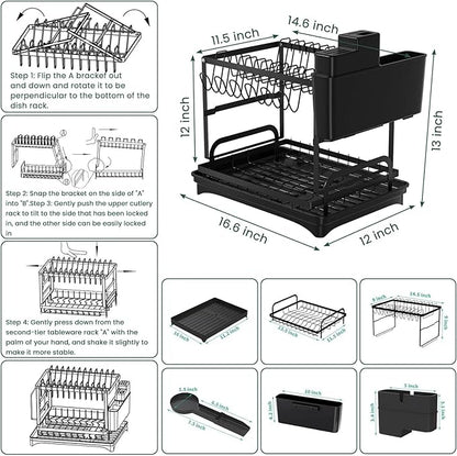 2-Tier Dish Drying Rack - Stainless Steel Dish Racks for Kitchen Counter, Space-Saving Kitchen Counter Organizer with Cutlery/Cup Holders & Draining Tray, Rustproof Multifunctional Drainer (Black)
