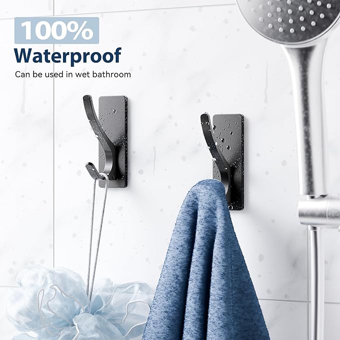 Josmimic Self Adhesive Towel Hooks: Extra Strong 13LB, Stainless Hook for Hanging Loofah, Towels, Coat, Bath Robe Bathroom Shower, Black, 4 Pack