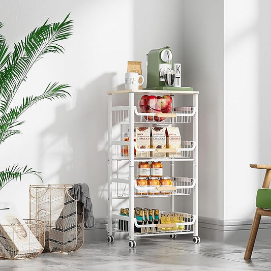 5-Layer Fruit Basket Kitchen Food Storage Organizer and Storage Rack, Stackable Storage cart with Desktop, Pull-Out Hollow Metal Storage Basket, Wheeled Sorting Rack Spice Rack