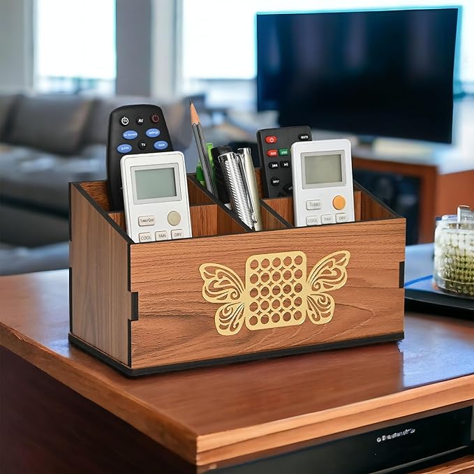 GKD wooden Remote Stand with 5 Sections | Remote Holder for Living Room, TV, and AC | Stationary Organizer | 5 in 1 | Ideal for Home and Office (Brown Butterfly)