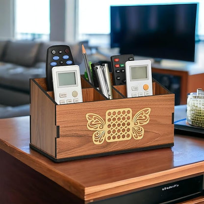 GKD wooden Remote Stand with 5 Sections | Remote Holder for Living Room, TV, and AC | Stationary Organizer | 5 in 1 | Ideal for Home and Office (Brown Butterfly)