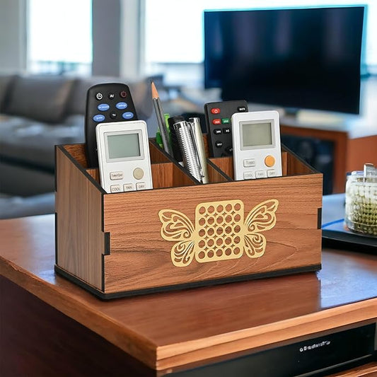 GKD wooden Remote Stand with 5 Sections | Remote Holder for Living Room, TV, and AC | Stationary Organizer | 5 in 1 | Ideal for Home and Office (Brown Butterfly)