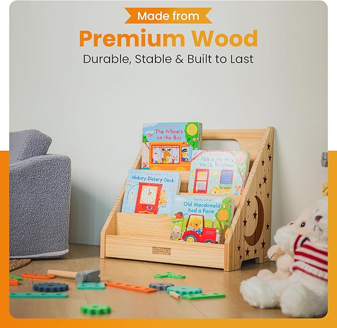 Montessori Baby Bookshelf, Natural Pinewood Front Facing Nursery Bookshelf, Small Kids Bookcase Book Organizer for Toddlers, 16.5 Inch Wide