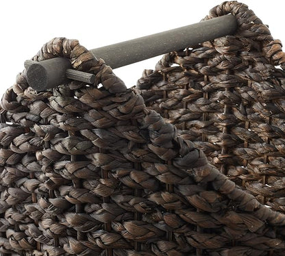 Casafield Toilet Paper Storage Basket with Wood Roll Holder Bar - Espresso, Braided Water Hyacinth Wicker Bathroom Tissue Storage Organizer