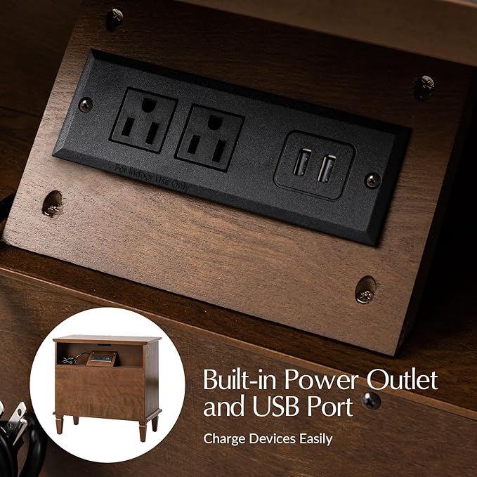 HULALA HOME 3 Drawer End Table with Charging Station, Wooden Drawer Organizer with Wood Legs, Mid Century Modern End Table, Walnut
