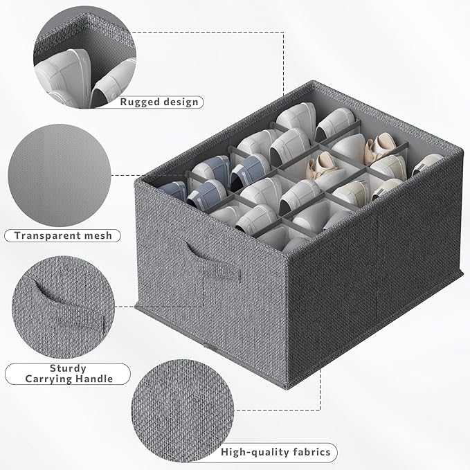 FHSQX 4 Pack Shoe Organizer for Closet,Foldable Shoe Organizer,Fits up to 48 Pairs,Storage Containers with Bottom Support for Shoes (Dark Grey, (16.5 * 12.6 * 9.5) x4)