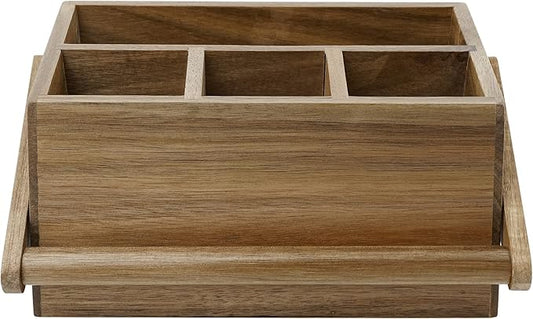 VaeFae Acacia Silverware Caddy with Handle, Wooden Utensil Holder, Mulip-pose Organizer for Kitchen, Office, Bathroom, Bedroom
