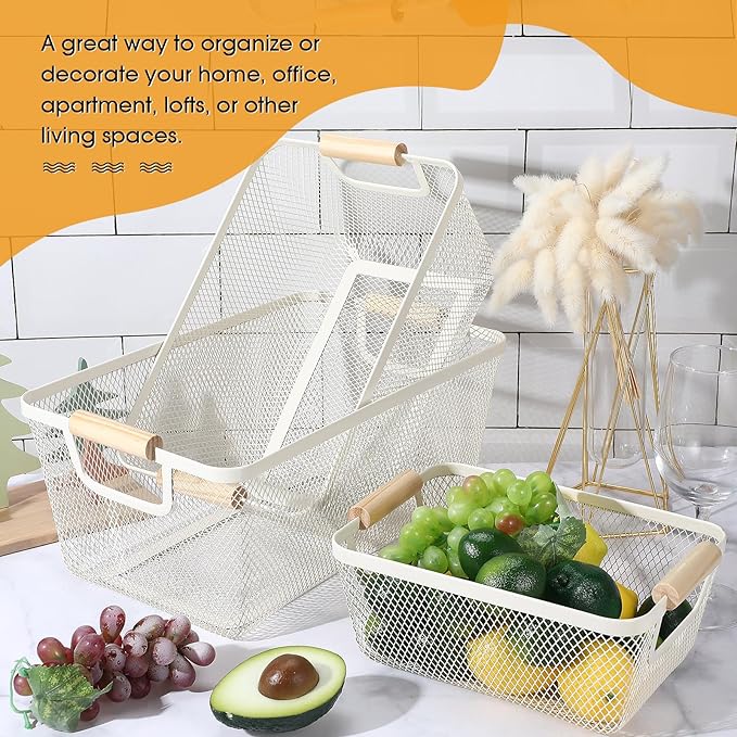 Maxcheck 6 Pack 3 Size Metal Wire Baskets Wooden Handles Steel Mesh Storage Bins Organizer Containers Gift for Home Cabinets Closet Kitchen Food Fruit Freezer Storage Rectangle (White)