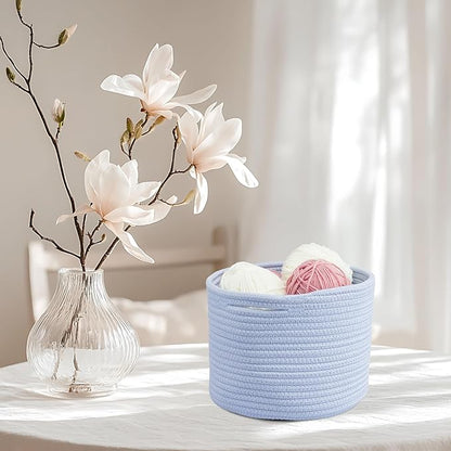 Woven Cotton Storage Baskets - 3-Pack Round Bins (10x10x7'') for Shelves, Closets & Bookcases | Durable Rope Organizers for Nursery, Baby, Toys, Easter & More (blue)