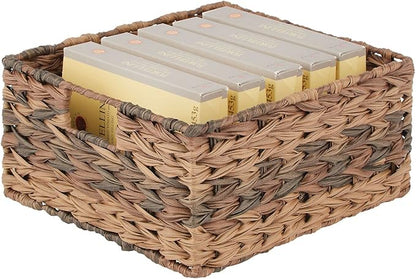 mDesign Woven Farmhouse Kitchen Pantry Food Storage Organizer Basket Bin Box - Container Organization for Cabinets, Cupboards, Shelves, Countertops - Store Potatoes, Onions, Fruit, 3 Pack, Brown Ombre