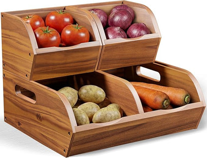 Acacia Wood Pantry Storage Bins – Stackable Open Front Kitchen Baskets for Potato, Onion, Fruit, Bread & More – Rustic Wooden Basket for Pantry - Easy Assembly with Tools & Hardware Included