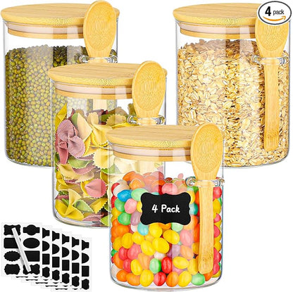 Glass Jars with Bamboo Lids and Spoon - 4 Pack 26 Fl.oz Round Glass Storage Jars with Airtight Lid, Includes Labels and Marker, Sugar Container Set for Coffee Bar, Tea Canister for Cereal, Bean