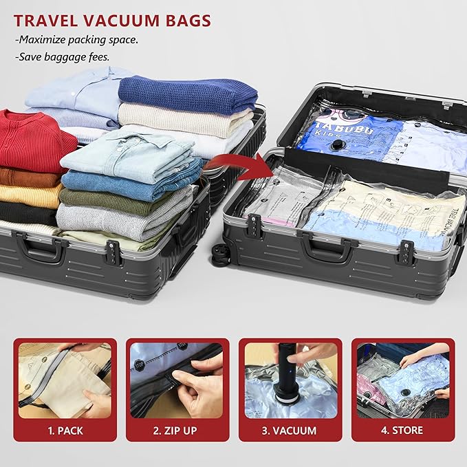 Travel Vacuum Bags for Clothing with Rechargeable Electric Pump, 12 Pack Compression Packing Cubes Organizer Storage for Luggage Suitcase, Space Saver Seal Bags for Vacation Cruise