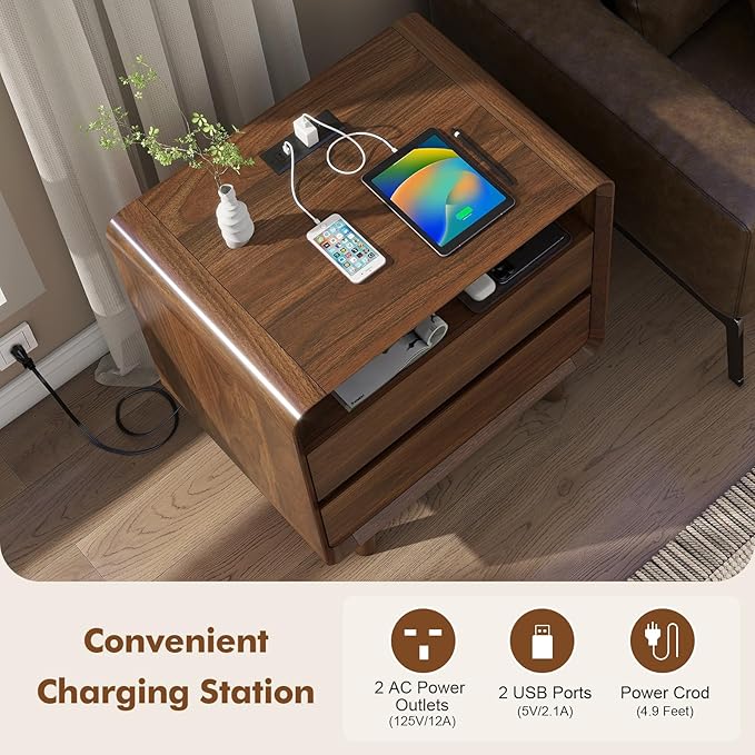 Nasonet Night Stand with Charger Station, Mid Century Modern Nightstand with 2 Drawers, Wood Bedside Table for Bedroom, Curved Beveled Design, Walnut