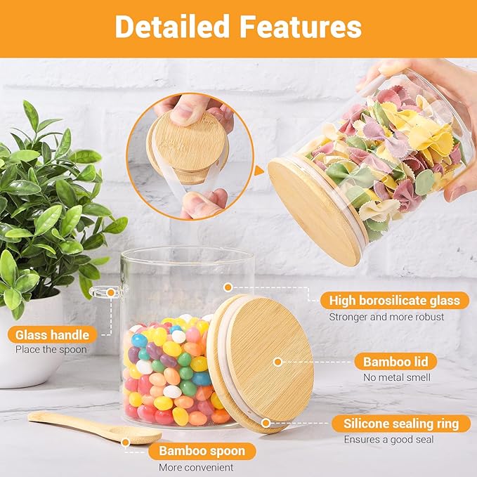 Glass Jars with Bamboo Lids and Spoon - 2 Pack 26 Fl.oz Round Glass Pantry Storage Containers Set, Includes Labels and Marker, Loose Leaf Tea Canister Jar for Sugar, Flour, Beans, Nuts, Oats