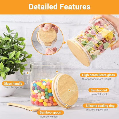Glass Jars with Bamboo Lids and Spoon - 2 Pack 26 Fl.oz Round Glass Pantry Storage Containers Set, Includes Labels and Marker, Loose Leaf Tea Canister Jar for Sugar, Flour, Beans, Nuts, Oats