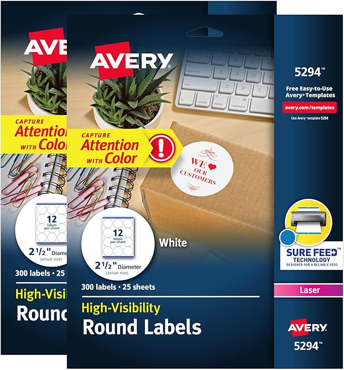 Avery High Visibility Printable Round Labels with Sure Feed, 2.5" Diameter, White, Laser Printer, 300 per Pack, 2 Packs, 600 Customizable Blank Labels Total (45294)