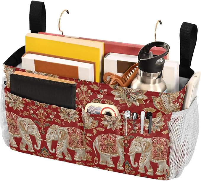 CuwrYet Bedside Caddy Hanging Bunk Bed Caddy Bed Organizer Hanging Pocket with 2 Hooks Bedside Storage Organizer Pocket Bag Holder Red Retro Elephant Flowers