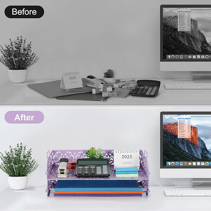EasyPAG Paper Organizer for Desk 2 Tier Stackable Paper Tray for A4 Legal Size Folders Metal File Storage Desktop Organizer for Home Office School Teacher, Purple