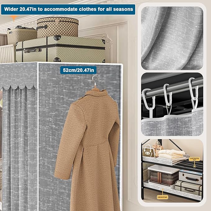 FPIGSHS 75in Heavy Duty Clothes Rack with Cover Foldable Covered Clothes Rack for Hanging Clothes portable Wardrobe Closet System Freestanding Coat Storage Garment Racks for bedroom (grey, 75in)