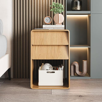 Small Nightstand Set of 2, Boho Bedside Table, Wooden Night Stand with Storage, Mid Century Modern Bed Side Table, Wood End Table with Slanted 2 Drawers, Bedroom, Natural, Oak