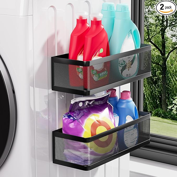 2-Pack Laundry Room Organization, Magnetic Shelves with Tall Guardrails to Prevent Falling - Strong Magnet Organizer for Washing Machine, Refrigerator, Kitchen & Pantry