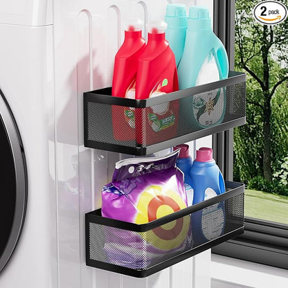 2-Pack Laundry Room Organization, Magnetic Shelves with Tall Guardrails to Prevent Falling - Strong Magnet Organizer for Washing Machine, Refrigerator, Kitchen & Pantry