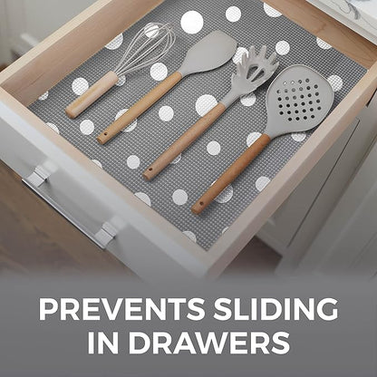 HOME GENIE Shelf Drawer and Cabinet Liner, Durable with Strong Grip, 17.5 in x 20 FT, Non Adhesive Liners Protect Kitchen Cabinets and Cupboard, Bathroom Drawers and Shelves, Desks, Dots Gray White