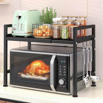 PUSDON Extendable Microwave Oven Rack, Adjustable Microwave/Toaster Shelf Heavy Duty Stand Kitchen Counter Top Organizer, 2 Tier with 3 Hooks, 160lbs Weight Capacity, Black