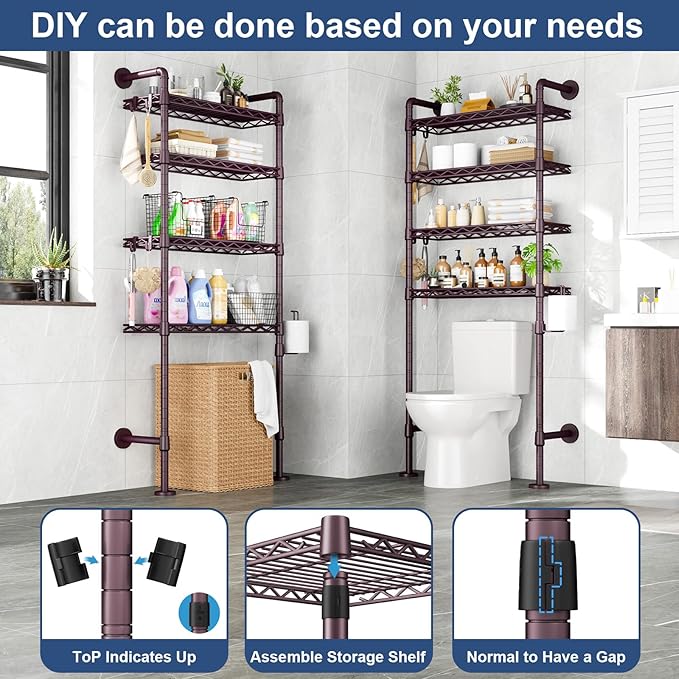 Roxibelt K3 Wall Mounted 4-Tier Over the Toilet Storage，Metal Above Toilet Storage with Paper Hook,Over Toilet Bathroom Organizer with Adjustable Shelf，Above Toilet Rack 9.7"Dx 25.6"Wx 74.3"H,Espresso