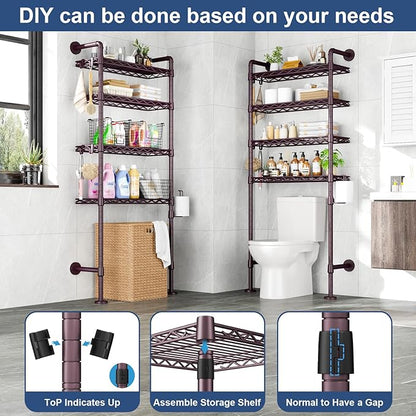 Roxibelt K3 Wall Mounted 4-Tier Over the Toilet Storage，Metal Above Toilet Storage with Paper Hook,Over Toilet Bathroom Organizer with Adjustable Shelf，Above Toilet Rack 9.7"Dx 25.6"Wx 74.3"H,Espresso