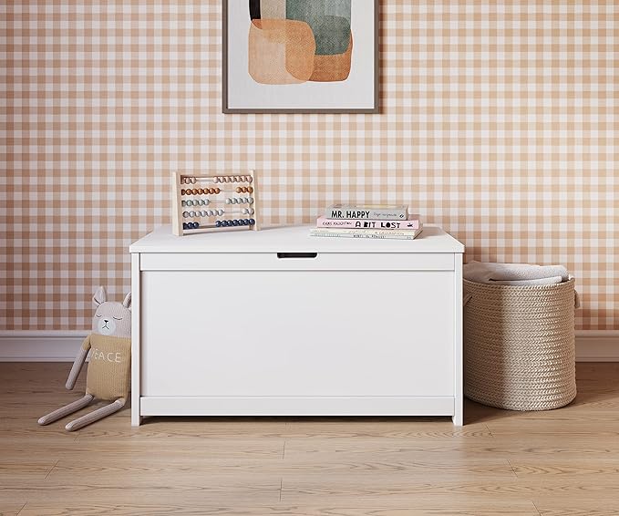Child Craft Harmony 33” Wood Toy Box, Large Toy Chest Storage Organizer, Soft Close Safety Hinges, Ventilation Hole, 6 Cubic Ft Capacity, Kids Playroom Nursery Bedroom Storage Chest (Matte White)