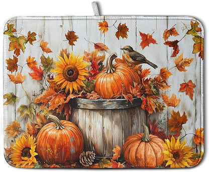 Wnoesat Fall Dish Drying Mat for Kitchen Counter Pumpkin Sunflower Maple Leaf Birds Drying Mats Autumn Thanksgiving Harvest Dish Drainer Mat Absorbent Microfiber Dishes Pad Large 18x24 Inch