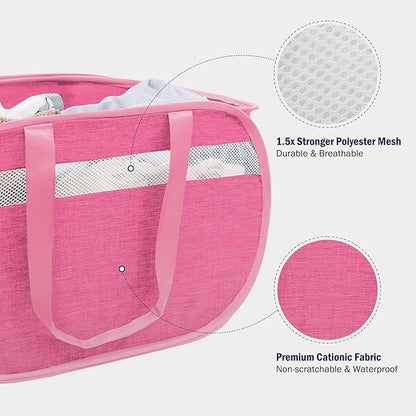 Collapsible Laundry Baskets, Foldable Tear Proof Pop Up Hamper with Reinforced Carry Handles, Durable Laundry Hamper for Home, Laundry, Bathroom, Dorm or Travel (Pink)