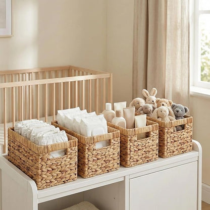 Water Hyacinth Woven Storage Baskets, Set of 4 Wicker Baskets for Organizing with Built-In Handles, Handwoven Rectangular Shelf Bins for Pantry, Bathroom, Kitchen, Closet (13 x 8.25 x 7 in)