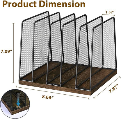 Desk File Organizer, 5-Section Upright File Sorter, Vertical File Folder Holder, Mesh Metal Wood Office Desktop Organization for Document, Magazine, Books and more (Wood and Black)