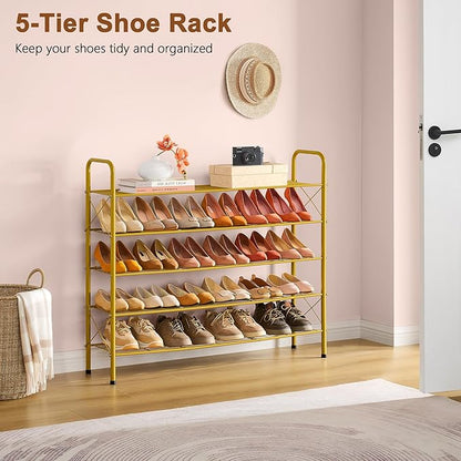 Hoctieon 5 Tier Shoe Rack for Closet, Durable Mesh Style Shoe Rack, Entryway Shoe Shelf, Shoe Storage Organizer for Hallway, Bedroom, Living Room, Wardrobe, Gold