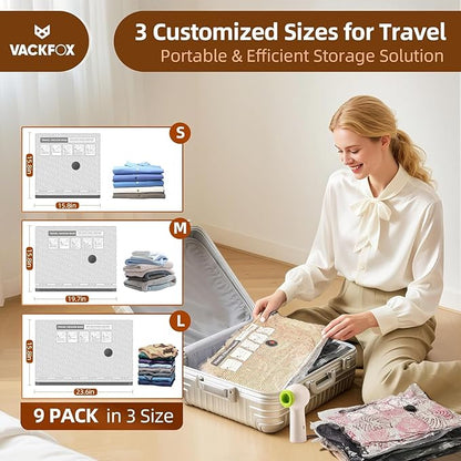 VACKFOX Travel Vacuum Storage Bags with Rechargeable USB Pump, 9 Pack Carry-On Size Compression Packing Bags for Luggage and Suitcase, Space Saver for Clothes and Clothing Travel