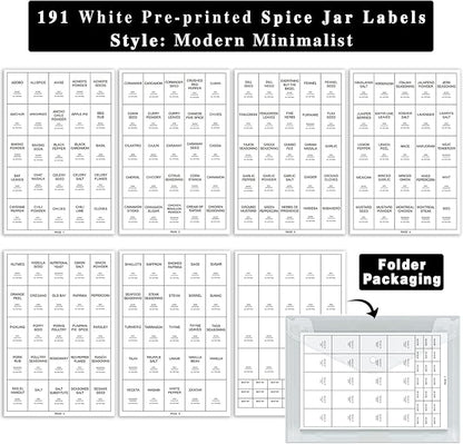 191 Spice Jar Labels Preprinted Minimalist Stickers - White Waterproof Label - Fit Round or Rectangle Spice Jars - Herb Seasoning Kitchen Pantry Labels