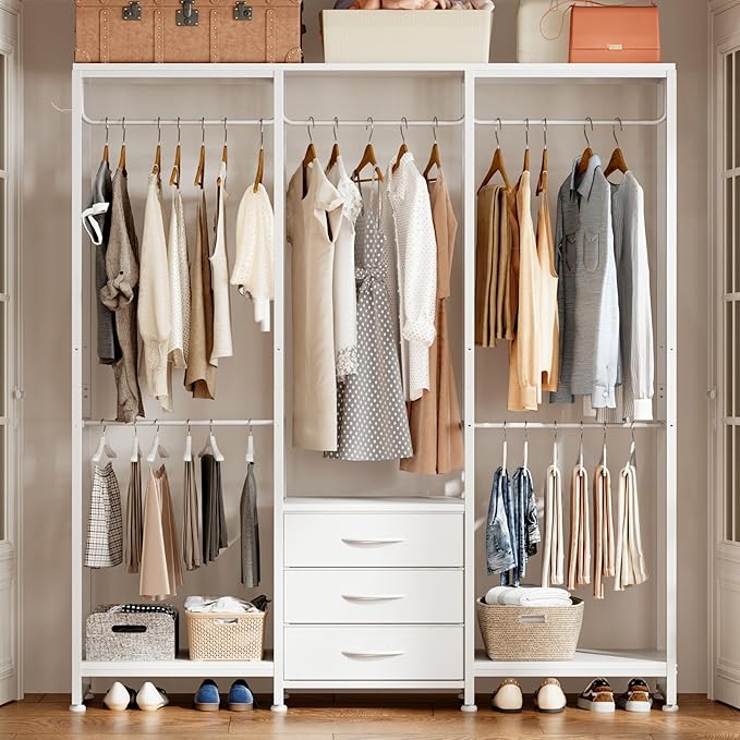 Garment Rack Heavy Duty Clothes Rack for Hanging Clothes, Freestanding Clothing Rack with 3 Fabric Drawers, Wood Stoarge Shelf, Adjustable Closet Racks, Corner L Shaped Closet System Organizers, White